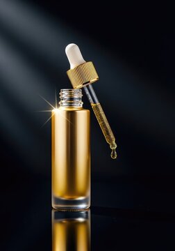 Elegant gold serum bottle stands on a dark reflective surface. Soft lighting highlights the metallic texture against a deep black backdrop, serum, facial, skin