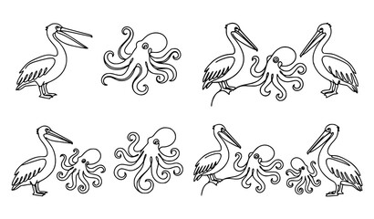 Vintage pelican and jellyfish line art collection for coastal decor © Najma
