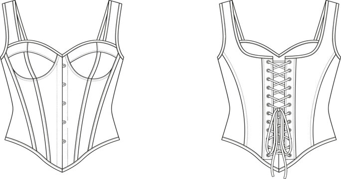 Fashion technical flat sketch of women lace up bustier corset top front and back view vector