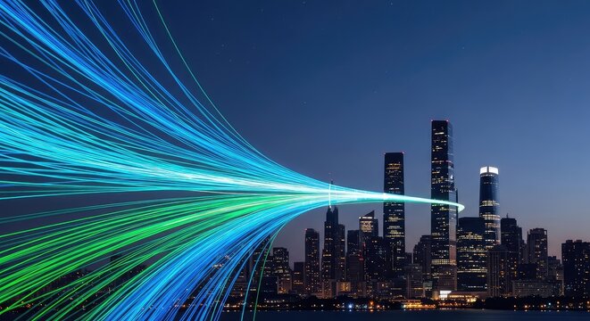 Glowing fiber optic cables stream toward a modern urban skyline at night, representing high-speed digital connectivity and data transfer, urban, high-speed, electronic