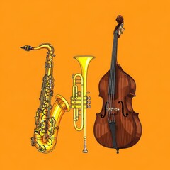 Naklejka premium Hand-drawn illustrations of a saxophone, trumpet, and double bass on an orange background, creating a vibrant jazz music design theme, vintage, jazz, composition
