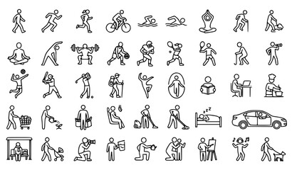 Obraz premium Diverse line art icons depicting human activities and lifestyle concepts