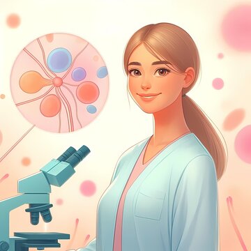 A smiling embryologist in pastel medical attire standing in front of abstract microscopic specimens, Ai generated image