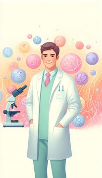 A smiling embryologist in pastel medical attire standing in front of abstract microscopic specimens, Ai generated image