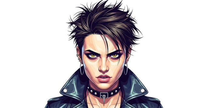 Stylized illustration of a defiant subject with messy hair and leather textures, showcasing a bold gaze and an edgy urban aesthetic style, visual, art, graphic