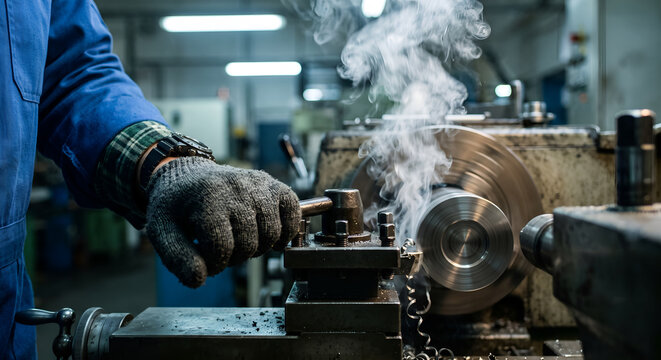 Worker operating lathe machine producing metal parts with sparks flying in workshop.