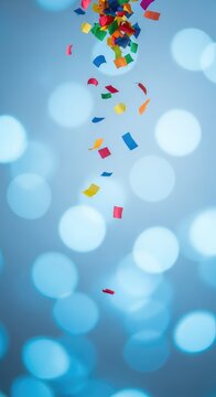 Vibrant colorful confetti floats gently against a soft dreamy blue background with a bokeh effect, creating a festive minimalist texture, airy, celebration, decoration