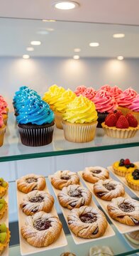 Vibrant cupcakes with swirls of frosting and delicate pastries arranged on a glass display shelf in a bright, modern bakery interior, table, food, showcase
