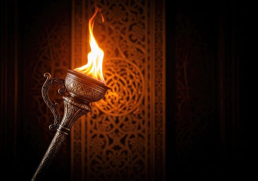 Vibrant golden flame flickers within a detailed metal torch, casting a soft orange glow across a shadowy room with ornate carved patterns, orange, craftsmanship, glow