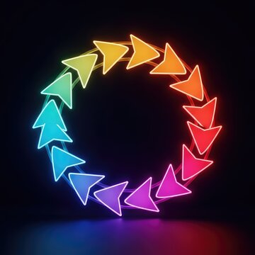 Vibrant glowing neon arrows form a circular loop against a dark background, representing a continuous cycle of refreshing and renewing data, connection, process, evolution