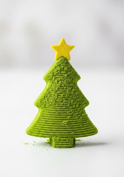 Vibrant green matcha powdered sugar meticulously sifted into a festive holiday tree shape with a bright star topper on a clean surface, diy, natural, kitchen