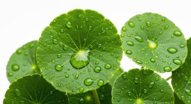 Vibrant green Asiatic pennywort leaves covered in sparkling water droplets, isolated on a clean white background for a fresh, natural look, natural, spa, green