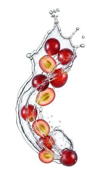 Vibrant red grapes and succulent halved segments swirl through a splash of clear water, capturing a sense of dynamic energy and freshness, dessert, grapes, liquid
