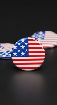 Vibrant round lapel pin showcasing a festive arrangement of stars and stripes in classic patriotic hues with a shiny polished surface finish, graphic, decorative, icon