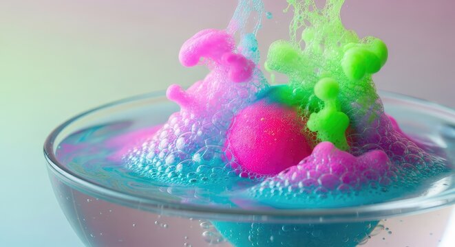 Vibrant spherical bath bombs dissolving into thick, swirling neon bubbles and textured foam, creating a dreamy spa atmosphere of pure color, skincare, neon, abstract