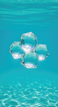 Vibrant turquoise water surrounds translucent geometric crystal prisms that float gently while warm sunlight glistens through the facets, sea, refraction, turquoise