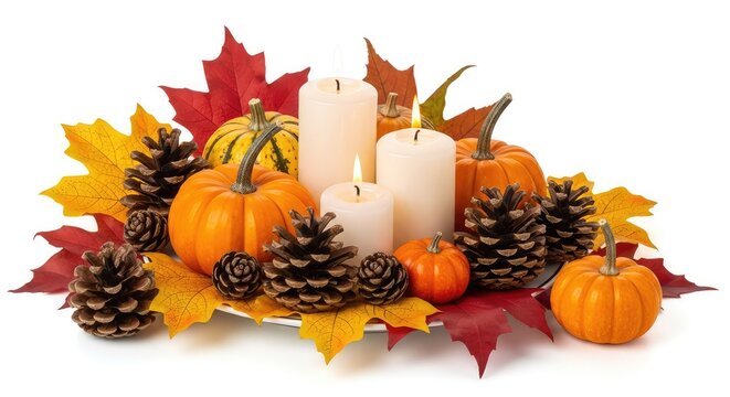 Warm glowing flames of three candles set among miniature pumpkins, rustic pine cones, and vibrant fall foliage on a ceramic display plate, display, brown, arrangement