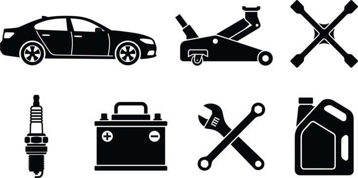 Car repair and auto mechanic icon set featuring sedan vehicle hydraulic floor jack lug cross wrench spark plug accumulator battery and motor oil canister vector