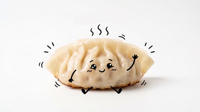 Happy dumpling character waving hand animation. Cute steamed gyoza mascot with hot steam and smiling doodle face isolated on white background