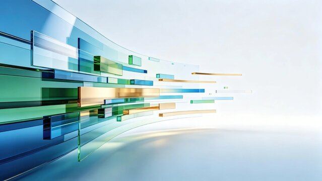 Abstract curved modern layered transparent glass rectangles in blue green and gold colors on clean light background for contemporary technology and business design