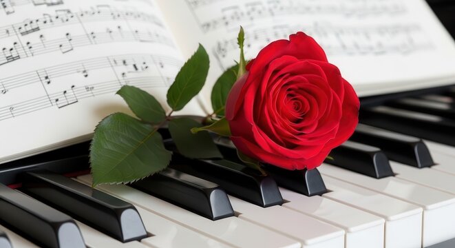 Single red rose resting on piano keys with sheet music.
