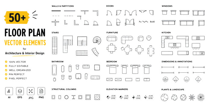 Architectural floor plan vector elements, 50+ interior design icons for blueprints, professional house planning symbols for construction and layout
