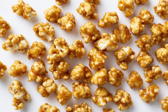 Top view of delicious caramel popcorn isolated on white background