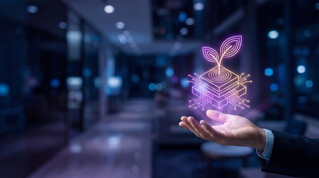 Hand holding futuristic glowing butterfly hologram. Digital innovation and augmented reality tech display in dark urban setting.
