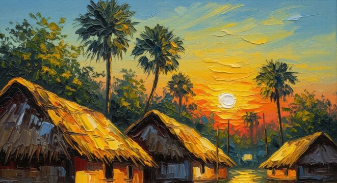 Traditional thatched huts at sunset in tropical landscape