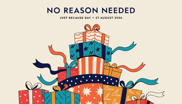 Illustration of a stack of colorful gift boxes with ribbons for just because day