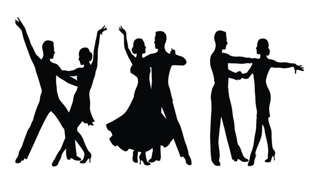 Couples dance in synchronized movements while performing classic ballroom steps on a white background.
