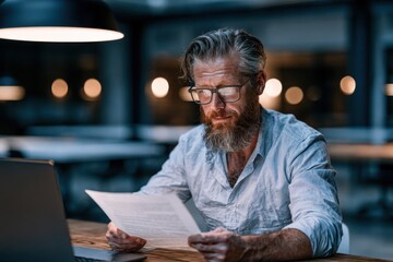 Fototapeta premium Professional man with glasses reading documents at a desk in a dark office