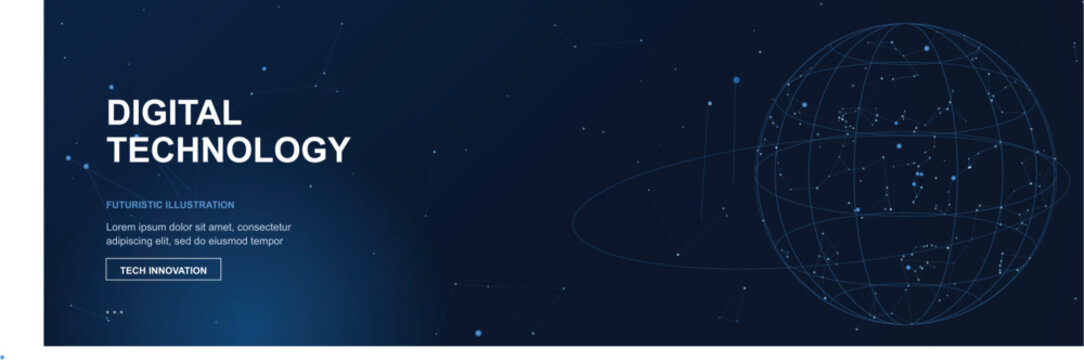 Digital technology banner with global network globe, futuristic dark blue background vector, high tech communication and data science web header