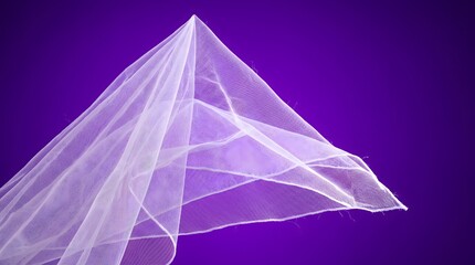 A translucent white mesh pyramid floats against a deep violet void, serving as a powerful metaphor for the delicate structures of thought, connectivity, and ethereal dreams.