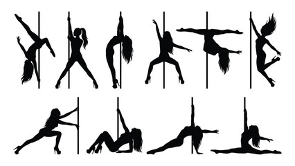 Pole dancers exhibit various acrobatic poses and athletic strength in a set of detailed black silhouettes. © Sadee Girl
