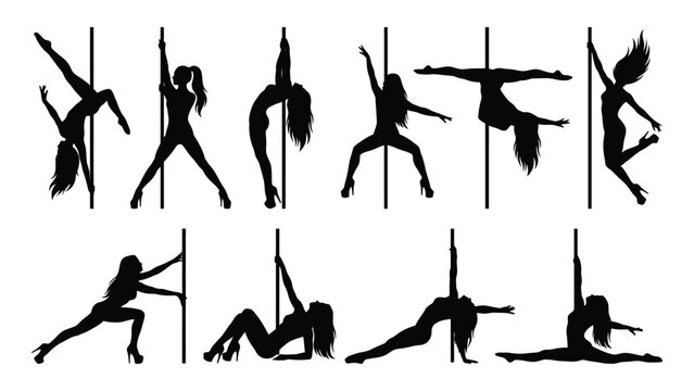Pole dancers exhibit various acrobatic poses and athletic strength in a set of detailed black silhouettes.