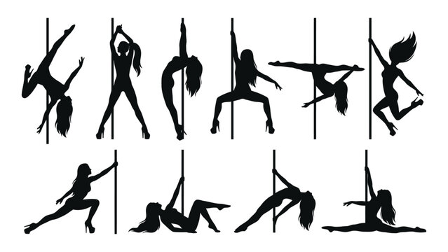 Pole dancing silhouettes demonstrate intense physical coordination and strength in various poses.