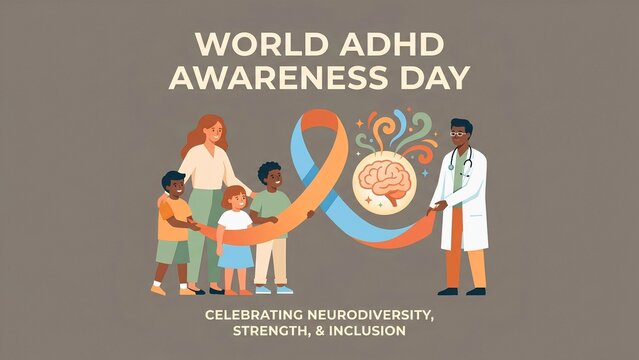 ADHD Awareness Day illustration with doctor, children, and neurodiversity ribbon