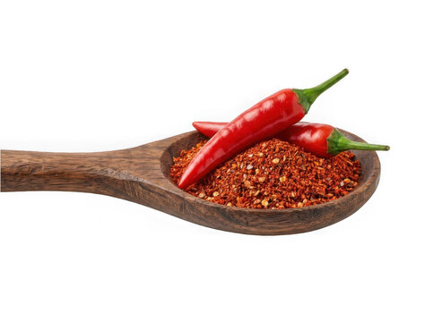 Wooden spoon filled with red chili flakes and fresh chili peppers isolated on transparent background
