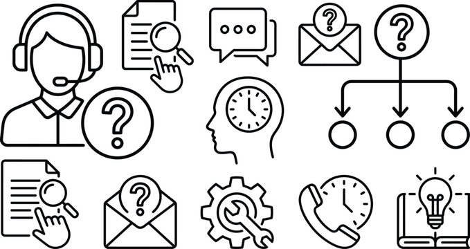 Customer support help desk line icon set with call center agent chat bubble technical service and question diagram vector