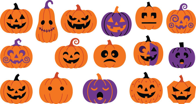 Set of cute and scary halloween pumpkin jack-o-lanterns with faces