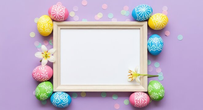 Wooden picture frame with easter eggs and flowers