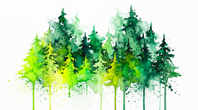 Abstract bright green watercolor splash fir forest illustration on white background