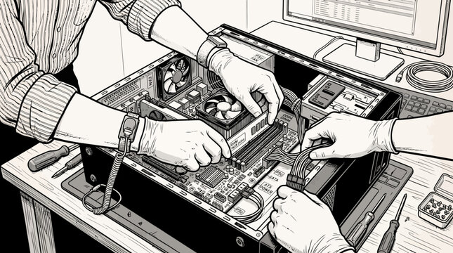 Teamwork assembling computer hardware, installing components on motherboard