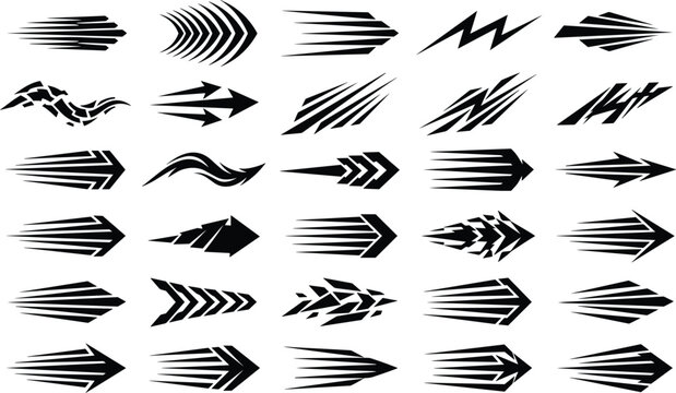 Speed line arrows and dynamic sports livery graphics vector set representing racing stripes and fast motion effects