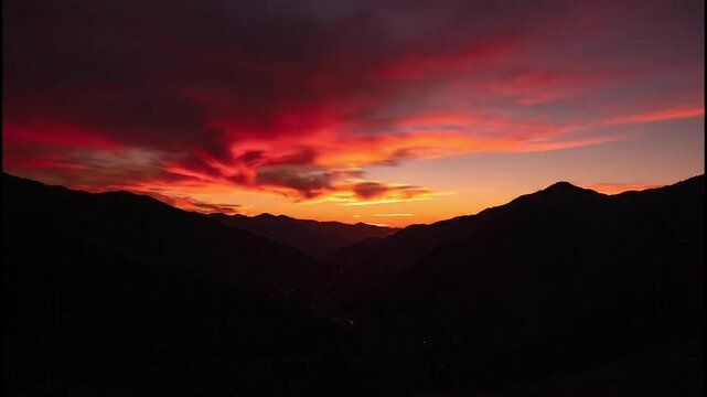 Dramatic Mountain Range Silhouette at Fiery Sunset Sky Over Valley, Scenic Nature Landscape for Travel and Serenity Concepts