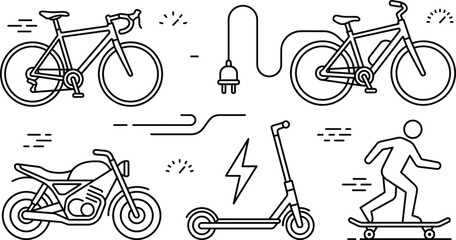 Eco transport line icon set with electric bicycle scooter road bike motorcycle plug and skateboard rider vector © MD