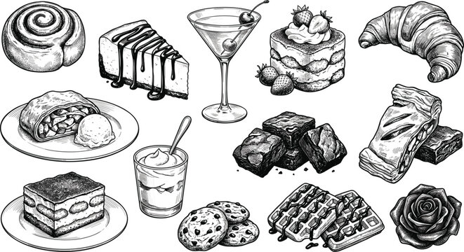 Vintage hand drawn sketch collection of delicious bakery desserts cakes and sweet pastries on white background (16 words)