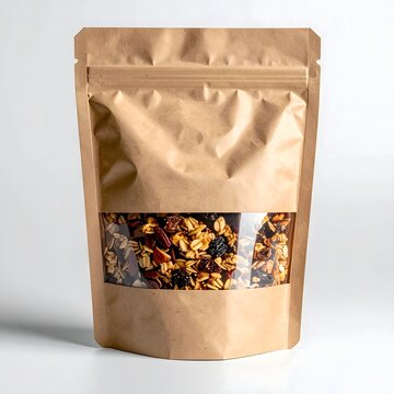 Kraft paper zip lock pouch bag with window displaying roasted granola mix and pecans, realistic packaging mockup isolated