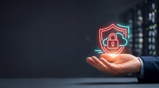 Hand holding digital security shield with lock icon. Modern cybersecurity concept for data protection.